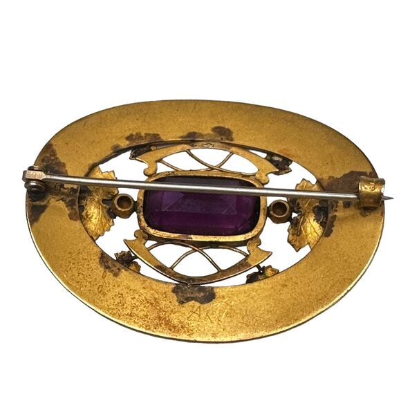 Art Nouveau Sash Pin Brooch Autumn Leaf design Amethyst Glass George L Paine Co - Picture 3 of 16